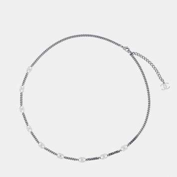 Pre Owned Chanel Cc Logo Rhinestone Long Necklace Gunmetal 21 A Metal Rhinestone