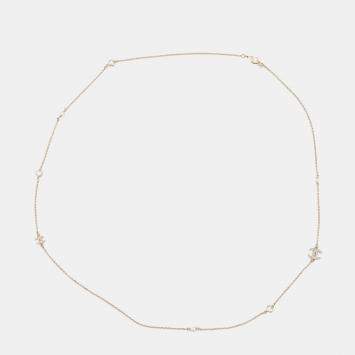 Pre Owned Chanel CC Logo Rhinestone Faux Pearl Long Necklace Champagne Gold Metal