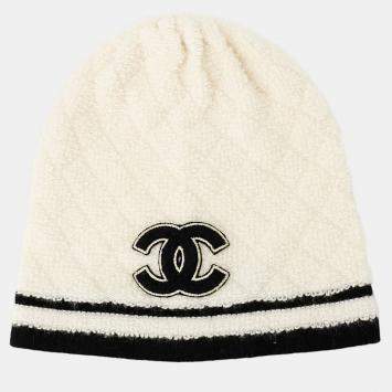 Pre Owned Chanel Cc Logo Knit Cap White/Black Cashmere100%