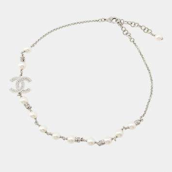Pre Owned Chanel Cc Logo Faux Pearlnecklace Gold Plated Rhinestone Faux Pearl