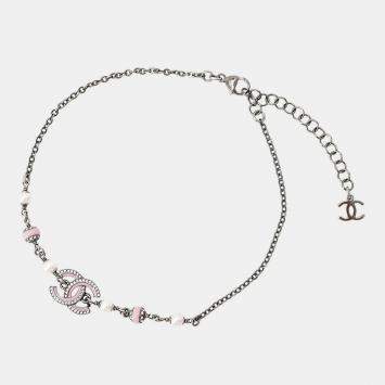 Pre Owned Chanel Cc Logo Necklace Black Metal Faux Pearl Rhinestone