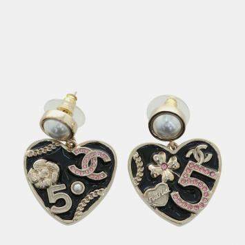 Pre Owned Chanel B24 Heart Black Gold Tone Pearl Crystals Earrings