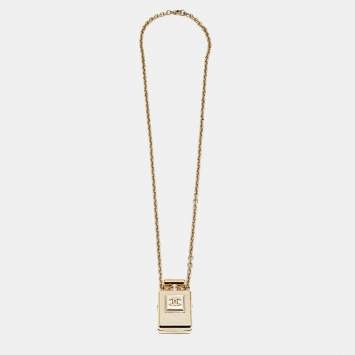 Pre Owned Chanel CC Gold Tone Faux Pearl Perfume Bottle Pendant Long Necklace