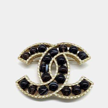 مملوكة مسبقًا Chanel CC Black Beads Gold Brooch