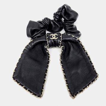 Pre Owned Chanel CC Black Leather Hair Scrunchie