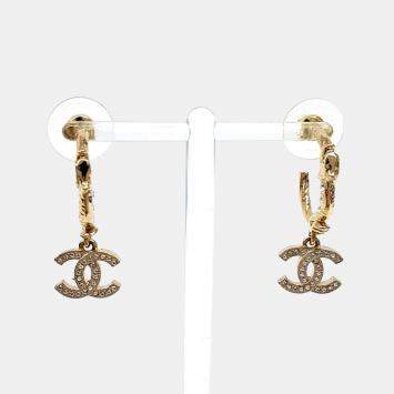 Pre Owned Chanel Gold Tone CC Hoop Drop Earings