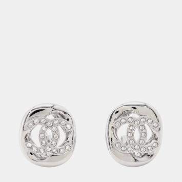 مملوكة مسبقًا Chanel CC Logo Crystal Metal Women's Clip-On Earrings