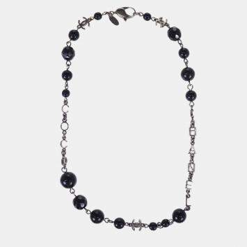 Pre Owned Chanel Interlocking CC Coco Mark 08A Silver Plated Black Bead Necklace