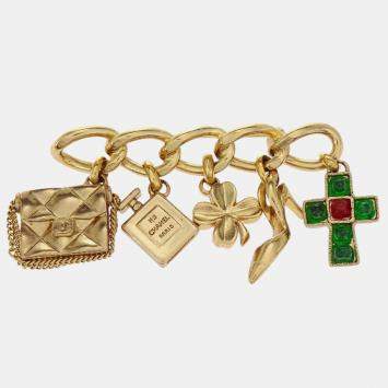 Pre Owned Chanel Vintage Icon Charm 02P Gold Plated Gripoix Glass Brooch