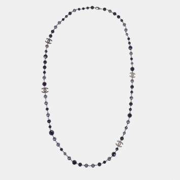 Pre Owned Chanel CC A14V Silver Tone Metal Faux Black Pearl Bead Long Women's Necklace