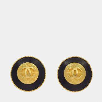 Pre Owned Chanel Vintage 93A Interlocking CC Gold Plated Black Clip -On Women's Earrings