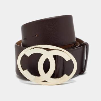 Pre Owned Chanel CC Oval 95CM Wide Belt Brown Leather
