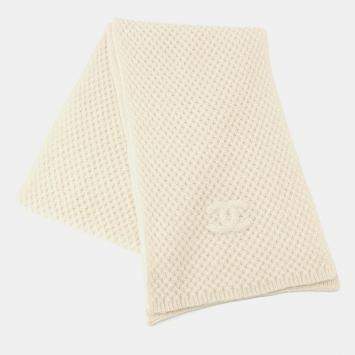 Pre Owned Chanel CC Scarf White AAB462 Cashmere Silk