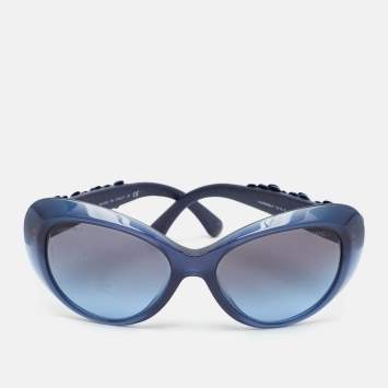 Pre Owned Chanel Blue Gradient 5318 Q A CC Camellia Leather Cat Eye Sunglasses