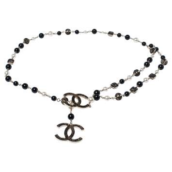 Pre Owned Chanel CC Multi Bead Faux Pearl & Lace Gold Tone Station Belt