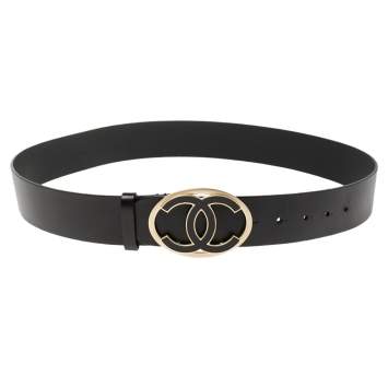 Pre Owned Chanel Black Leather CC Logo Buckle Belt 95 CM