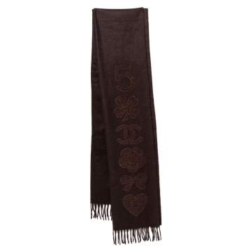 Pre Owned Chanel Brown Cashmere Multi Icon Embroidered Stole