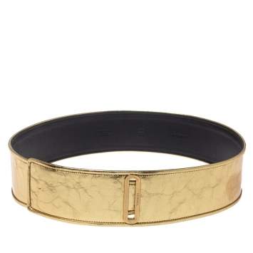 Pre Owned Chanel Metallic Gold Distressed Leather Waist Belt 85CM