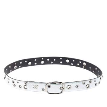 Pre Owned Chanel Metallic Silver Leather Grommet and Crystal Embellished Belt 80 CM