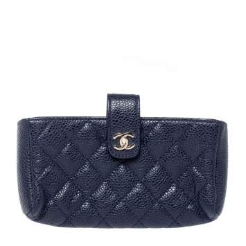 Pre Owned Chanel Blue Quilted Caviar Leather CC Phone Holder Clutch