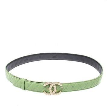 Pre Owned Chanel Mint Green Quilted Leather CC Pearl Belt 85CM