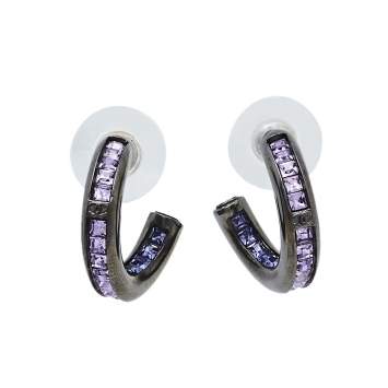 Pre Owned Chanel Black Tone Metal Purple Crystal Baguette CC Hoop Earrings