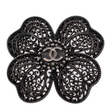 Pre Owned Chanel Gunmetal Tone Filigree Floral Pin Brooch