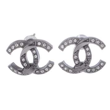 Pre Owned Chanel Gunmetal Tone Twisted CC Crystal Stud Earrings