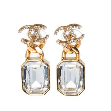 Pre Owned Chanel Gold Tone CC Quartz Crystal Drop Earrings