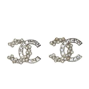 Pre Owned Chanel Silver Tone Baguette Crystal CC Stud Earrings 