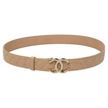 Pre Owned Chanel Beige Quilted Leather CC Buckle Belt 100CM