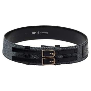 Pre Owned Chanel Blue Denim and Leather Trim Double Buckle Waist Belt 80CM