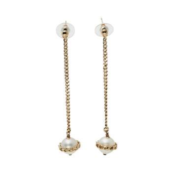 Pre Owned Chanel CC Star Faux Pearl Gold Tone Drop Earrings