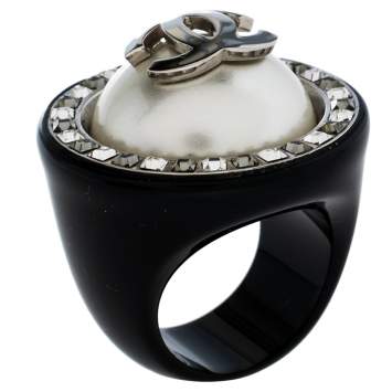 Pre Owned Chanel CC Faux Pearl Crystal Cocktail Ring Size EU 55
