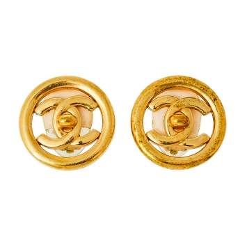 Pre Owned Chanel Vintage Gold Tone CC Turnlock Round Clip-On Earrings