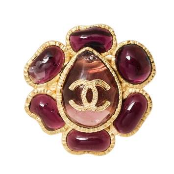 Pre Owned Chanel Plum Gripoix Gold Tone Floral Cocktail Ring Size EU 54
