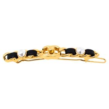 Pre Owned Chanel Gold Tone Black Leather Detail Turnlock Barrette