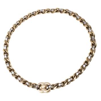 Pre Owned Chanel Gold Tone Chain Metallic Leather Woven CC Turnlock Choker Necklace