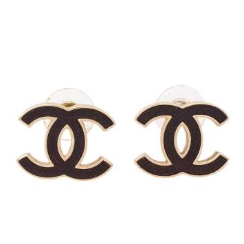 Pre Owned Chanel Gold Tone and Oxblood Leather CC Stud Earrings 