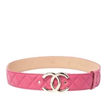 Pre Owned Chanel Pink Quilted Leather CC Buckle Belt 80 CM