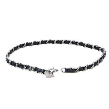 Pre Owned Chanel Black Leather CC Charm Silver Tone Chain Belt