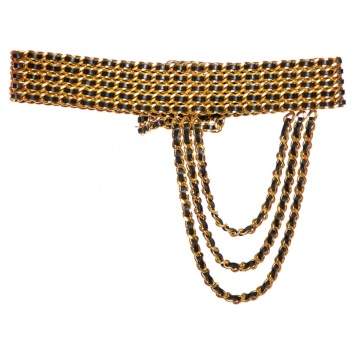 Pre Owned Chanel Gold/Black Chain And Leather Spring 1993 Waist Belt