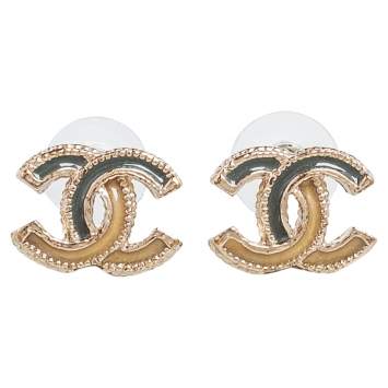 Pre Owned Chanel Bicolor Enamel Gold Tone CC Stud Earrings