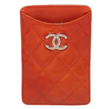 Pre Owned Chanel Orange Quilted Patent Leather CC iPhone Case