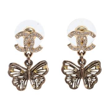 Pre Owned Chanel CC Butterfly Crystal Gold Tone Drop Earrings