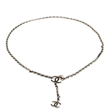 Pre Owned Chanel Black Leather CC Charm Gold Tone Chain Belt