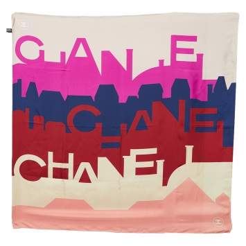 Pre Owned Chanel Multicolor Logo Letter Printed Silk Square Scarf