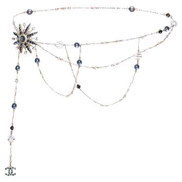 Pre Owned Chanel Pale Gold Tone Beaded CC Starburst Chain Belt