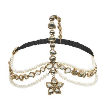 Pre Owned Chanel Pale Gold tone Faux Pearl & Crystal Embellished Headpiece