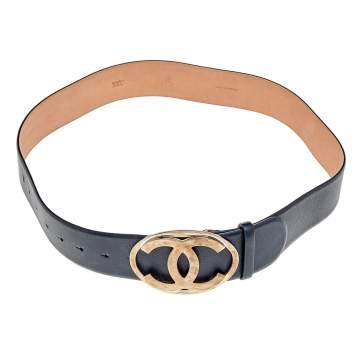 Pre Owned Chanel Black Leather CC Logo Buckle Belt 95CM